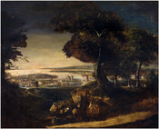 Landscape shows Baltimore painted from a hill in Howard Park, framed by trees, showing rocks in center, mill buildings and cows at right, and view of building on harbor.