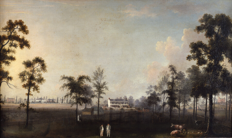 Landscape painting featuring the home of John Sterrett in the center of the composition. This house was used by the British on September 13, 1814 as General Brooke's headquarters after the Battle of North Point. Two standing men are shown in foreground, with two women at center, and small buildings behind. Three cows, a row…