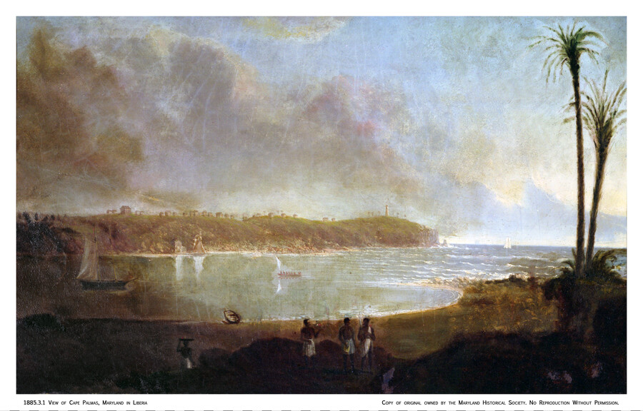 Landscape scene showing Cape Palmas in the country of Liberia as a bay flanked by two palm trees in the foreground underneath a sunny blue sky. Buildings and a lighthouse can be seen on the land beyond the inlet. A sailboat heads to the shore on the left of the composition. A group of African…