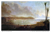 Landscape scene showing Cape Palmas in the country of Liberia as a bay flanked by two palm trees in the foreground underneath a sunny blue sky. Buildings and a lighthouse can be seen on the land beyond the inlet. A sailboat heads to the shore on the left of the composition. A group of African…