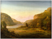 Landscape of Harpers Ferry, West Virginia, showing Shenandoah River in foreground and Potomac River at left, with many rocks in foreground. State of Virginia is at right, with West Virginia in right foreground, and Maryland at left. In the center are two rowboats with people at leisure. At left are a fallen tree, a fence,…