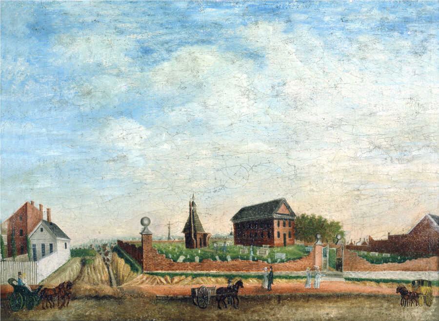Landscape scene featuring Saint Paul's Episcopal Church at Saratoga and Charles Streets in Baltimore, Maryland. At left is the vestry room and belfry, all enclosed in a graveyard. Houses appear at left and right, with groups of people walking in foreground and in graveyard, and three carriages on the street. The cloudy blue sky takes…