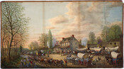 Town scene showing the Fairview Inn, or the Three Mile House on Old Frederick Road. The building is seen in the background in the center of the composition behind a busy street full of people, animals, and covered wagons. A large tree without its leaves stands tall on the left of the composition, signaling that…