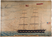 Side view of the Barque Margaret Hugg of Baltimore, Maryland. A large ship with two masts containing four tiers of sails flying a red and white flag on the leftmost mast and a flag with the ship's name on the right mast. An American flag flies on the back of the ship. The barque sits…