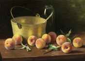Still-life of nine peaches, green leaves, and a knife strewn across a wooden table. A large golden bucket with a spoon resting inside and a tall glass bottle sit behind the fruit.