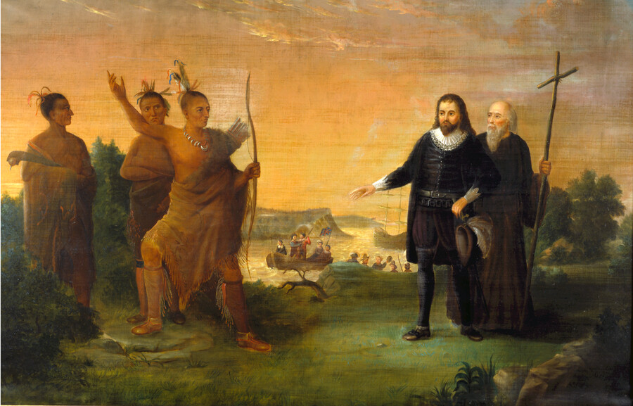 Here, Woodward portrays the Maryland colonists' landing on St. Clement's Island in March 1634. Woodward depicts the meeting between Leonard Calvert (1606-1647) and members of the Yaocomoco nation. Father Andrew White (1579-1656) is depicted holding a seemingly hastily-made cross while two other Yaocomoco, one of whom seem cautious of Calvert and White's intentions, watch. In…