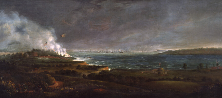 View from Whetstone Point of the bombardment of Fort McHenry. Smoke and flames and an American flag are seen at an encampment behind the fort at left. Numerous British vessels are grouped in the center of harbor. Four soldiers are seen at lower left. Fort Babcock and Fort Covington can be seen at the right.