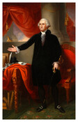 Full-length portrait of George Washington (1732-1799) by unknown artist after Gilbert Stuart's (1755-1828) Lansdowne portrait. Washington stands, extending right hand. A table is seen at left, red-upholstered chair at right, and he stands upon a patterned carpet. Red drapery appears behind the head with sky at left.