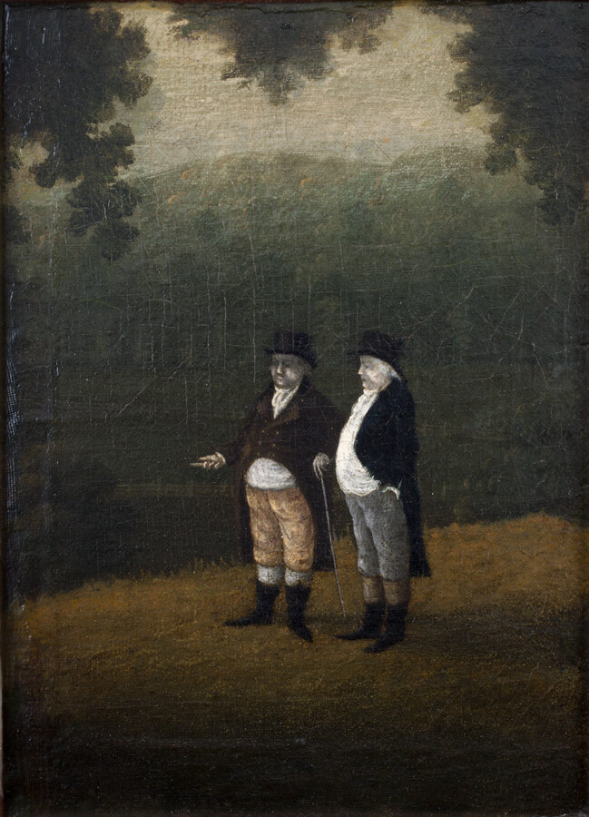 Image shows two men, David Harris (ca. 1750/1755-1809) and Daniel Bowley (1745-1807), standing in a field. The man on the left has outstretched hand with cane in left hand, and wears a brown coat, white stock, and yellow breeches. The man on the right has his hands in his pockets, and wears a white shirt…