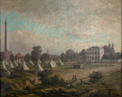 This landscape depicts a military encampment during the Mexican-American War (1846-1848). The Dulin House, formerly at 107 West Monument Street, Baltimore, Maryland is featured in the background on the right of the composition while multiple tents are pitched in a field to the left. The Washington Monument is seen at left rising up into the…