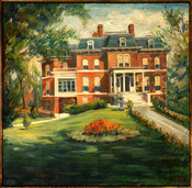 Painted card table top featuring an image of the Governor's Mansion in Maryland as a 3-story brick house with steps to colonnaded porch and with slate roof. The house is set in a garden, with grass in foreground, trees to left and right, and red flower bed in front yard. Used by Maryland Governor Albert…