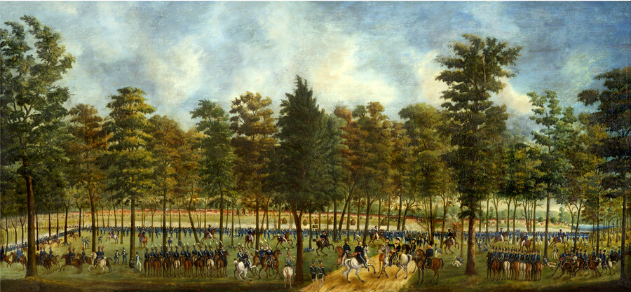 This painting depicts a scene from the Battle of North Point, Near Baltimore on September 12, 1814. Cavalry troops are seen in linear formations in foreground while foot troops complete rectangular formation, all wearing blue uniforms. In the background, lines of troops in red uniforms are seen through the trees in the foreground.