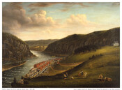 Landscape scene showing the split of the rivers at Harpers Ferry, West Virginia. Mill buildings are seen at waters edge, with children at play on the hillside with kites. Three cows are seen in right foreground, with a house in the background.