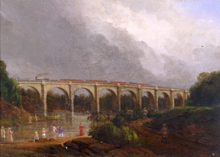 Landscape scene showing Thomas Viaduct, a B & O Railroad bridge over Patapsco River at Relay, Maryland. Railroad cars are seen on a bridge, with well-dressed woman and children fishing over river banks, a path at right, and trees at side.