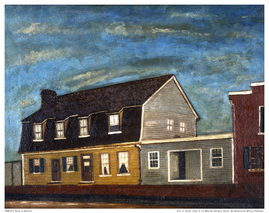 Annapolis street scene showing a two-story house with yellow clapboard on first floor, a brown-shingled second floor and roof with dormer windows. To the right is a one-story gray building with open door and a two-story red building. A red brick sidewalk is lain in front of the houses underneath a cloudy blue sky. This…
