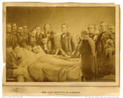 Photographic print of a painting depicting President Abraham Lincoln's final hours on April 15, 1865. Lincoln lays on his deathbed in the Petersen House in Washington, D.C., while twenty people stand around him and look on. Recognizable in the group is his wife Mary Todd Lincoln, his eldest son Robert Todd, Senator Charles Sumner, and…