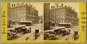 Stereoview of Eutaw House, located at the northwest corner of Eutaw and Baltimore Streets in Baltimore, Maryland. The hotel operated between 1832-1912. Two years after the Eutaw House was badly damaged by fire, the Hippodrome Theatre was built on the site.