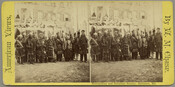Stereoview of a group of American Indians at the Baltimore sesquicentennial, celebrated on October 11-19, 1880 and marking the 150th anniversary of the city's founding in 1730. This view is from a series of views that documents Baltimore city streets and buildings decorated with banners, arches, and flags as well as parade floats and participants…