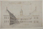 Perspective View of a proposed Federal House. View shows a U-shaped building with the central entrance in the background and two wings protruding towards the picture plane. The central wing is topped by a steeple and the two-story building has a high hipped roof with eight chimneys. Made for the Capitol Drawing Competition held by…