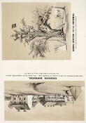 Two illustrations printed perpendicularly on the same page. Top illustration of "Frederick Barracks. Built before the resolution and used as a prison for Cornwallis' army. Now occupied by the Maryland Home Brigade. From a sketch by Corporal Henry Bacon Company D.13 Mass. V.M." Bottom illustration is of "Signals Station on the Potomac. From a sketch…