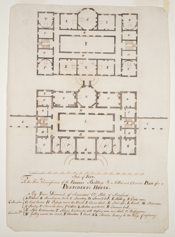 Architectural drawing featuring two stories of a floor plan for the proposed Capitol Building. Made for the Capitol Design Competition held by the federal government in 1792. The floor plan features a rectangular building with many rooms and a central courtyard. A portico stands at the entrance to the building in the bottom drawing, while…