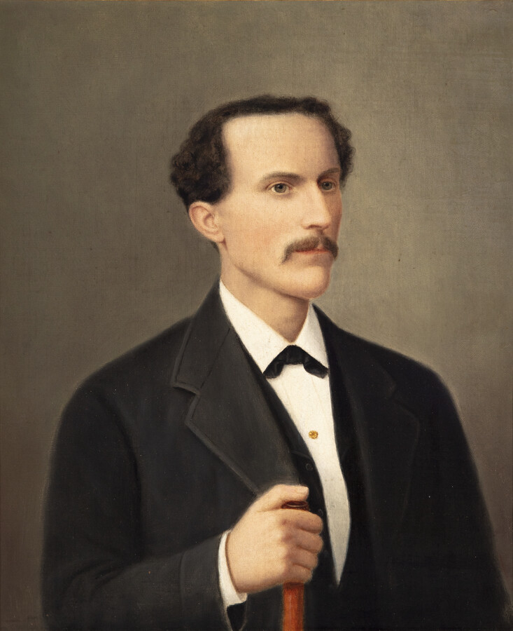 Oil on canvas portrait painting of Charles J. P. Schmidt (1842-c.1920s), c. 1870-1880, attributed to Hans Heinrich Bebie (1799-1888). Schmidt was born in Darmstadt, Germany and emigrated to the United States in 1864. He became a naturalized citizen in 1866 and married Caroline Götz Schmidt (1842-1930) in 1870. Schmidt worked for many years as a…