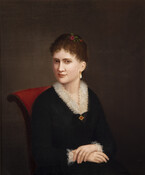Oil on canvas portrait painting of Caroline Götz Schmidt (Mrs. Charles J. P. Schmidt) (1842-1930), c. 1870-1880, attributed to Hans Heinrich Bebie (1799-1888). Schmidt, who also went by "Lena", was born in Lahr, Germany and emigrated to the United States in 1866. She settled in Baltimore and married cabinetmaker Charles J. P. Schmidt (1842- )…