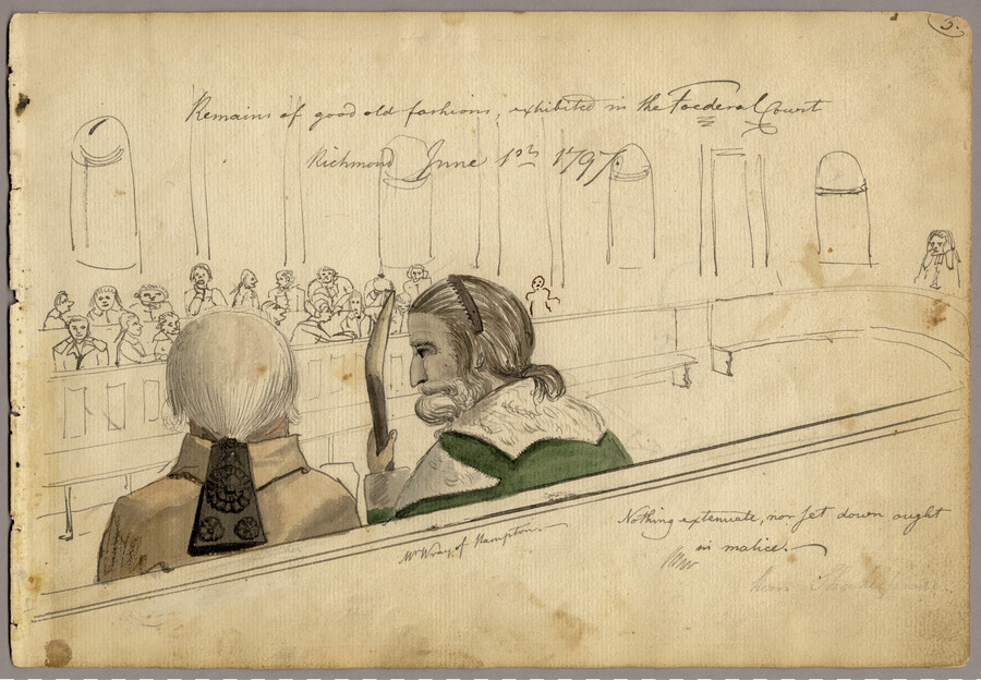 Watercolor and ink on paper sketch of "Remains of Good Old Fashions, Exhibited in the Federal Court, Richmond" by Benjamin Henry Latrobe (1764-1820). The artist captured this scene from a high up seat in the court, while sitting behind two gentlemen. Latrobe's first major architectural project in the United States was the State Penitentiary in…