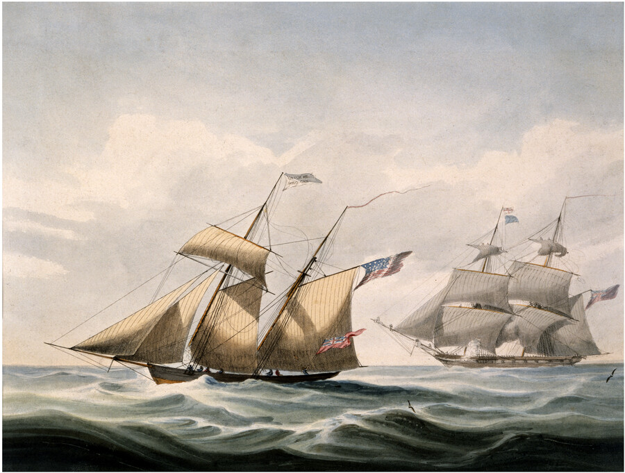 Seascape providing a view of the topsail schooner, Catch Me Who Can, being fired upon by a British ship during the War of 1812. Waves in the water comprise the foreground while the schooner appears in the middle ground facing the left of the picture plane. The large British ship is seen in the background…