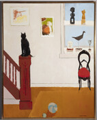 Interior scene of the artist's foyer in Baltimore, Maryland with stairs ascending to the left of the composition with the family's large black cat sitting upon the banister. Two paintings hang on the white wall and a shelf with sculptures is seen to the right. Maril's personal collection of African art served not only as…