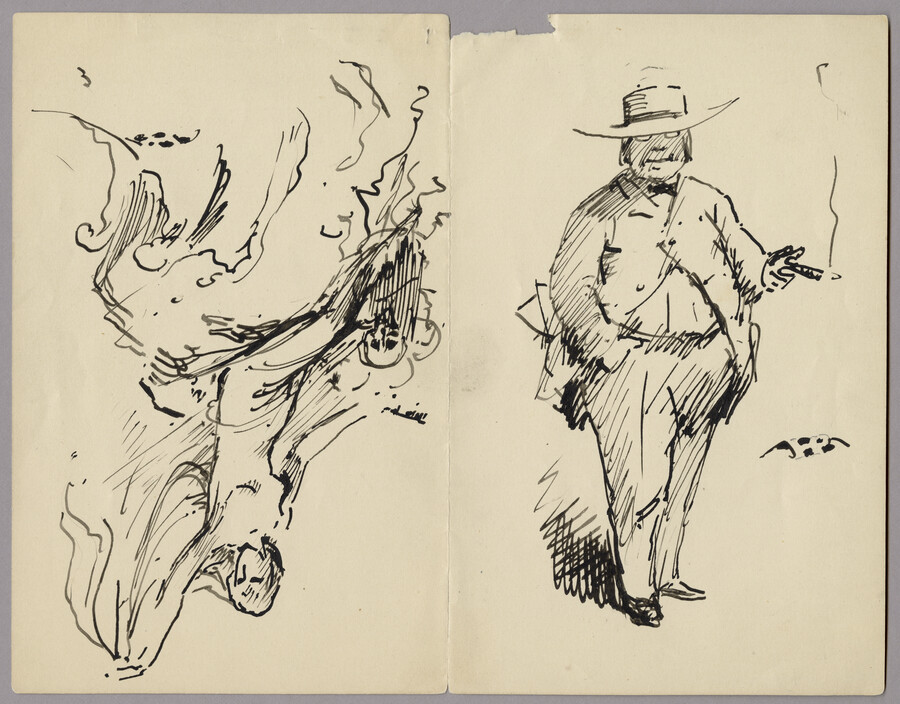 Two pen and ink drawings on one sheet of paper. Subjects include a man in a hat smoking a cigarette and an allegorical nude female figure with a skull.