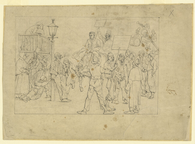 Street Scene with Men on Horseback Riding Through a Group of African Americans — circa 1860-1865