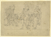 Draft of a political cartoon depicting white men on horseback through a group of African American people who are rendered in a caricaturist style. The central figure on horseback is wearing spectacles and extends his top hat to some of the figures on the ground. The other white figures hold blanks signs directed towards the…