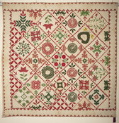 Baltimore album quilt made by members of the Gorsuch family. Square and triangular blocks featuring red and green floral and geometric motifs are places diagonally. The quilt has a plain border with red triangles at its inner and outer edges. The upper proper right corner features a rather motif that unlike the rest of the…