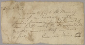 Promissory note written by Edmund Brice to A. Murray for the purchase of an enslaved boy for the sum of 180 pounds. Based on the writing on the back of the note, it appears Edmund's brother James made the payment on his behalf. Verso transcription: Edmund Brice's note to Doct. Murray for a negro boy…