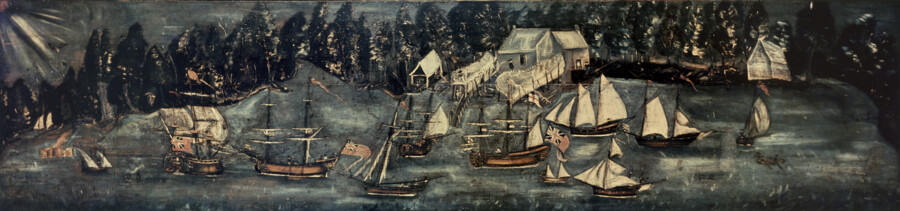This detailed landscape shows Richard Spencer’s shipyard, which probably existed on a tributary of the Chester River in Kent County, Maryland. The unknown artist carefully recorded almost every type of vessel sailing in the Chesapeake Bay, including brigs, schooners, and log canoes. Gray’s Inn Creek may have also served as an English customhouse. Many vessels…