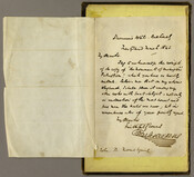 Letter from Charles Dickens to John B. Morris, acknowledging receipt of a copy of "The Monuments of Washington's Patriotism" that Morris had sent him. Dickens wrote the note while staying at Barnum's Hotel in Baltimore, and the note is pasted onto the inside of a book cover (possibly the volume referenced in the letter).