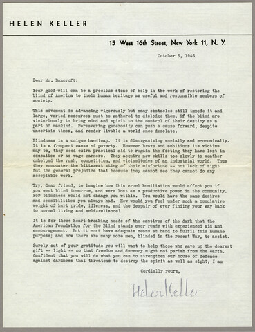 Letter from Helen Keller to John Bancroft — 1946-10-05