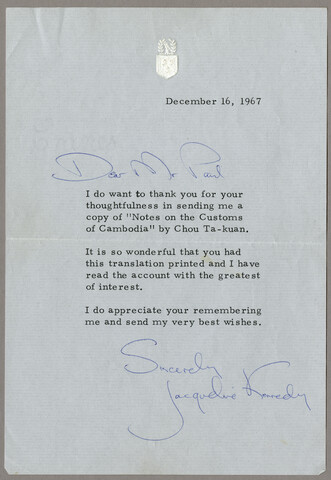 Letter from Jacqueline Kennedy to John Gilman D’Arcy Paul — 1967-12-16