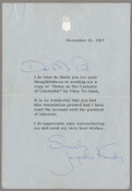 Letter from Jacqueline Kennedy to John Gilman D'Arcy Paul thanking him for sending her a copy of the book "Notes on the Customs of Cambodia" that Paul had printed in English. The letter is typed except for Paul's name at the top, and Kennedy's name at the bottom, which she handwrote in pen. Full transcription:…