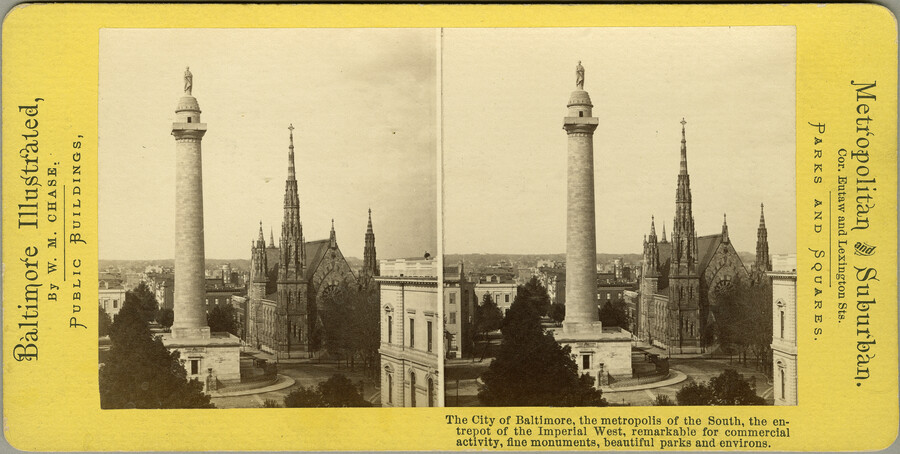 Stereoview of Washington Monument and Mount Vernon Place United Methodist Church — circa 1881-1883