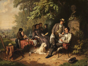 Outdoor scene of an unidentified Baltimore family at leisure. Two men read newspapers, while a woman and children are seated around table with fruit, flowers, books, and a decanter. A likely enslaved African-American boy serves fruit. A large white dog lays under the table, facing its owner. An empty chair sits at the lefts of…