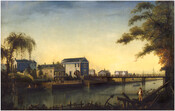 Oil on canvas painting of the lower Jones Falls in Baltimore, Maryland. From left to right are the First Baptist Meeting House, two houses, William Shield's Warehouse, Christ Church, Baltimore Street Bridge, Brian Philpot House, unidentified houses at Front and Lombard Streets, and the Pratt Street bridge. In the foreground, men are fishing.