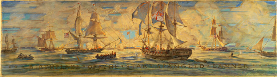 Seascape featuring six sailing vessels and two rowboats all pointing towards the center of the composition, where an American flag flying above Fort McHenry is visible in the background. Golden clouds comprise the sky and are reflected in the water below. This painting was created as a study for the "Bombardment of Baltimore" mural at…