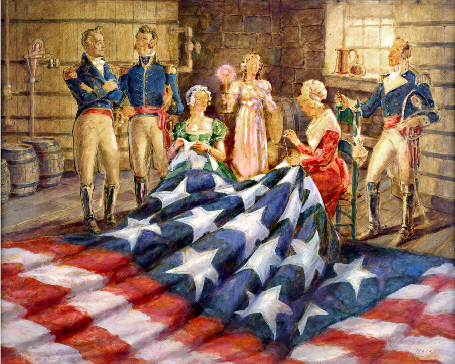 Scene of Mary Young Pickersgill (1776-1857) and another woman sewing the stars onto the large American flag that would fly over Fort McHenry. Another woman in a pink dress stands behind them holding a candle in one hand with her other hand placed over her heart. Three men in War of 1812 military uniforms stand…