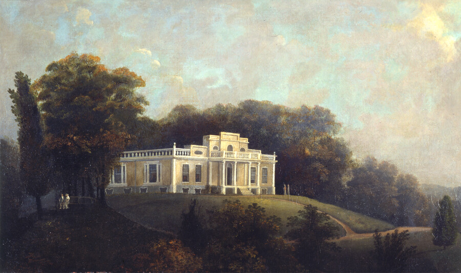 View of Druid Hill showing a villa with yellow stucco exterior, white balustrade and columns. The home and its English landscape surroundings were owned and designed by Nicholas Rogers (1753-1822). A man and woman are seated at left, and two women walk on path at right underneath a cloudy blue sky.
