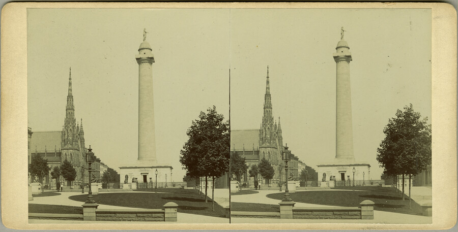Stereoview of Mount Vernon Place United Methodist Church and Washington Monument — circa 1870-1890