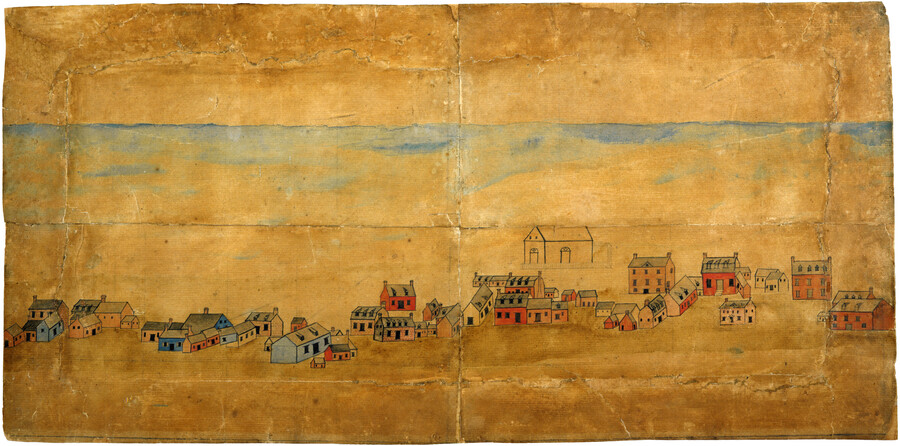 View of Baltimore, showing the village as seen from what would later be called Federal Hill. Small, simple buildings in blue, yellow, and red make up the bottom third of the composition. Some larger multi-story buildings can be seen to the right. A hint of blue in the sky has been added by the artist,…