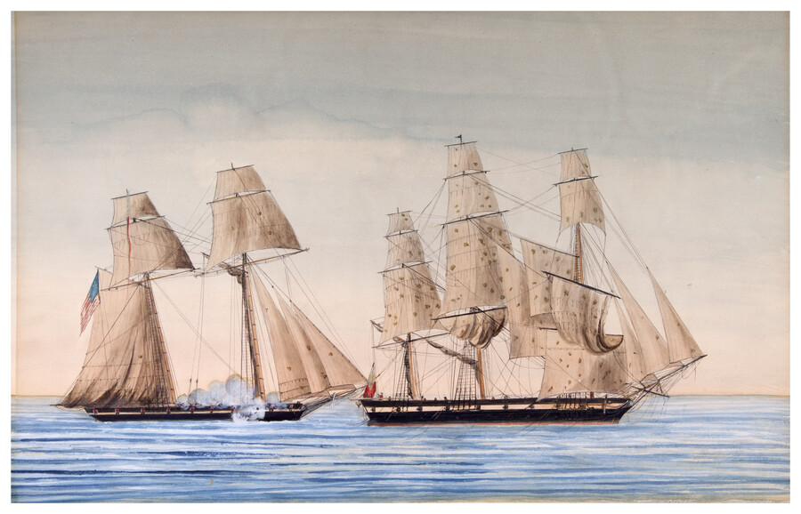Seascape depicting the privateer schooner "Surprise" of Baltimore, Maryland, capturing the British merchant ship "Star," on January 28, 1815. Two large ships with many sails are seen on calm, clear blue water before a pale, cloudy sky. The British ship on the left of the composition has smoke pouring over the side following the attack.