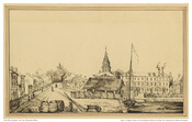Depiction of a view of Annapolis, Maryland, as seen from the steamboat wharf. The Maryland State House and the spire of St. Anne's Episcopal Church are visible in the image. The landscape takes up the bottom half of the composition, while the top half shows an empty sky. This drawing was found in the portfolio…